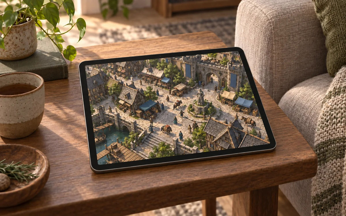 Tablet on a side table running a top-down fantasy MMO city scene.