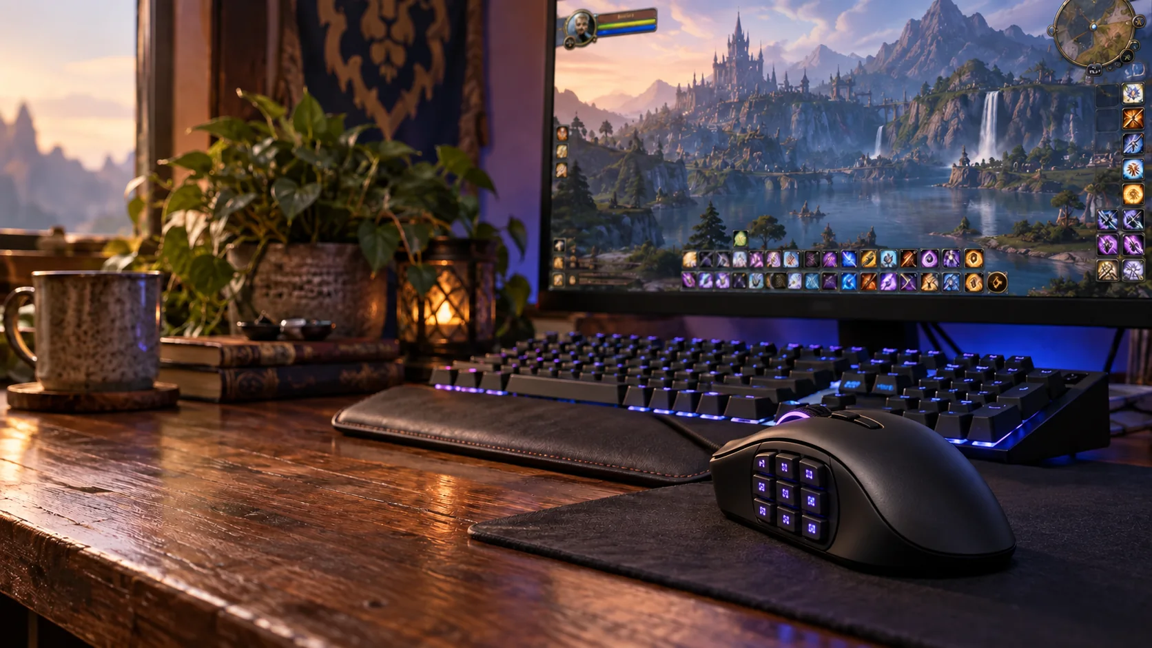 MMO desk with a mechanical keyboard, right-handed twelve-button mouse, and fantasy game action bars on the monitor.