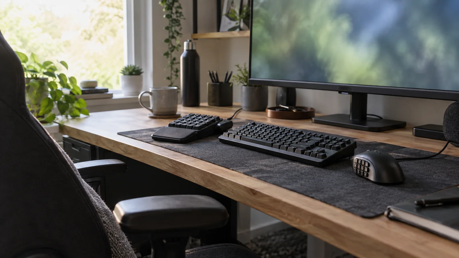 MMO gaming desk with a multi-button mouse, compact keypad, keyboard, and monitor.