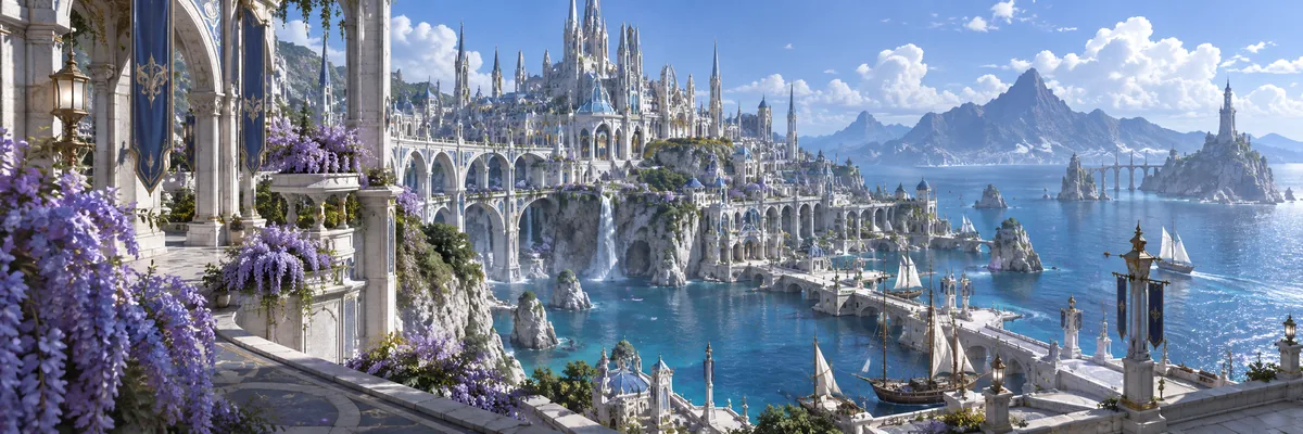Final Fantasy XIV-inspired white stone city beside a blue bay.