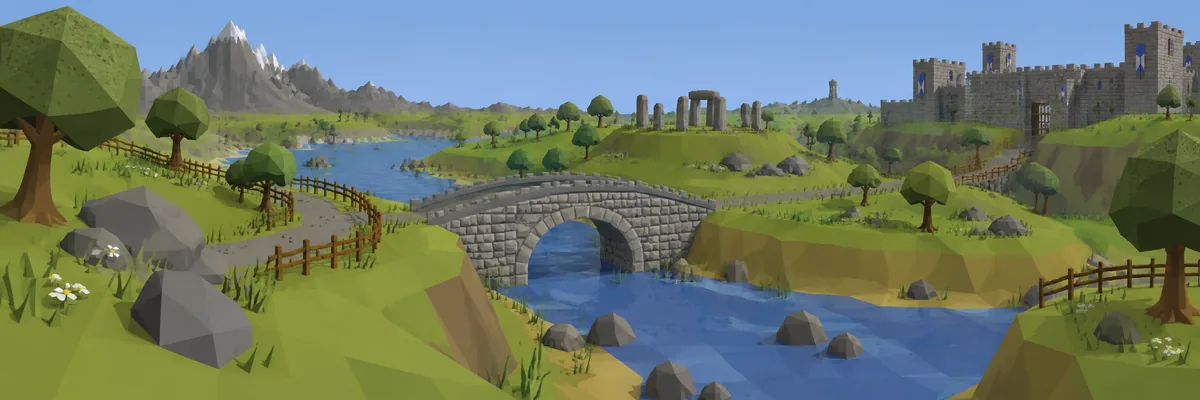 Low-poly OSRS landscape with a stone bridge over a river.
