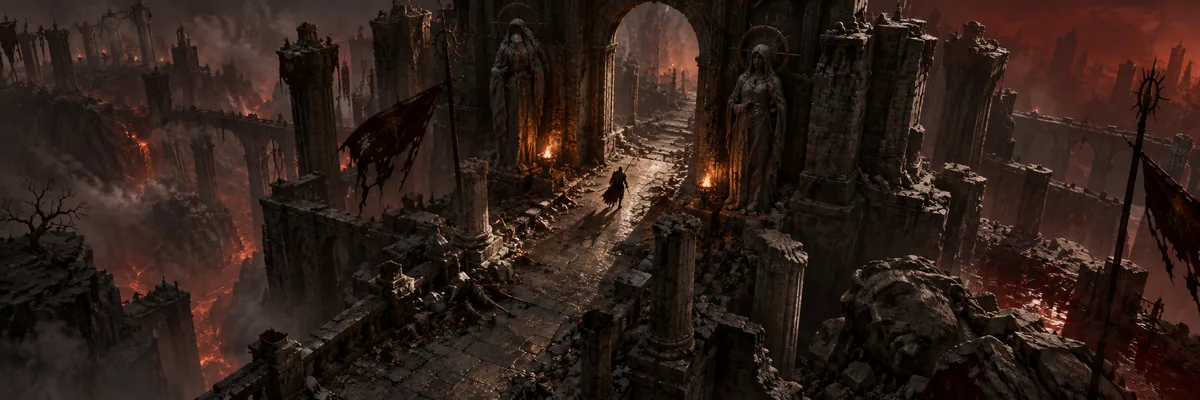 Dark Path of Exile-inspired ruins lit by a fire.