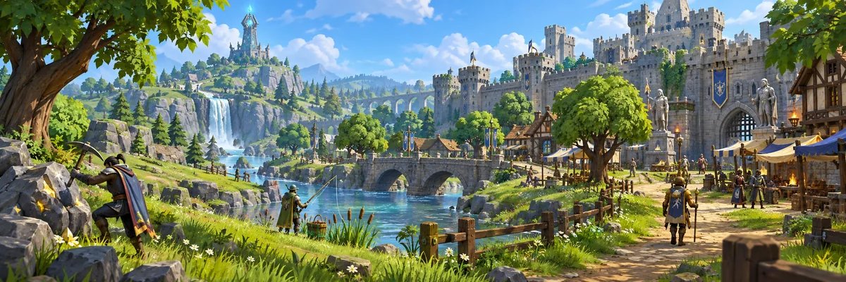 RuneScape 3-inspired grassy riverbank with adventurers, a stone castle, and a market.