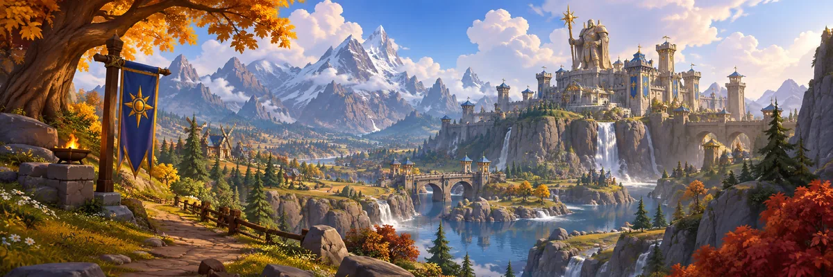 Illustrated fantasy valley with a city and mountains for WoW: Forever.