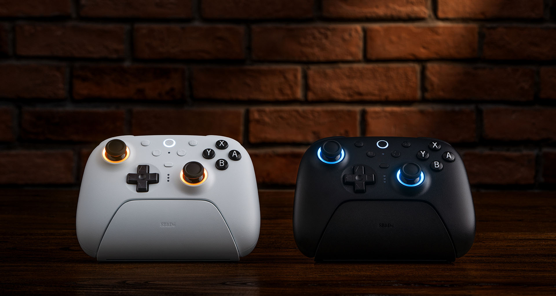 White 8BitDo Ultimate 2 Bluetooth controller with Switch-layout buttons, alongside the black colorway