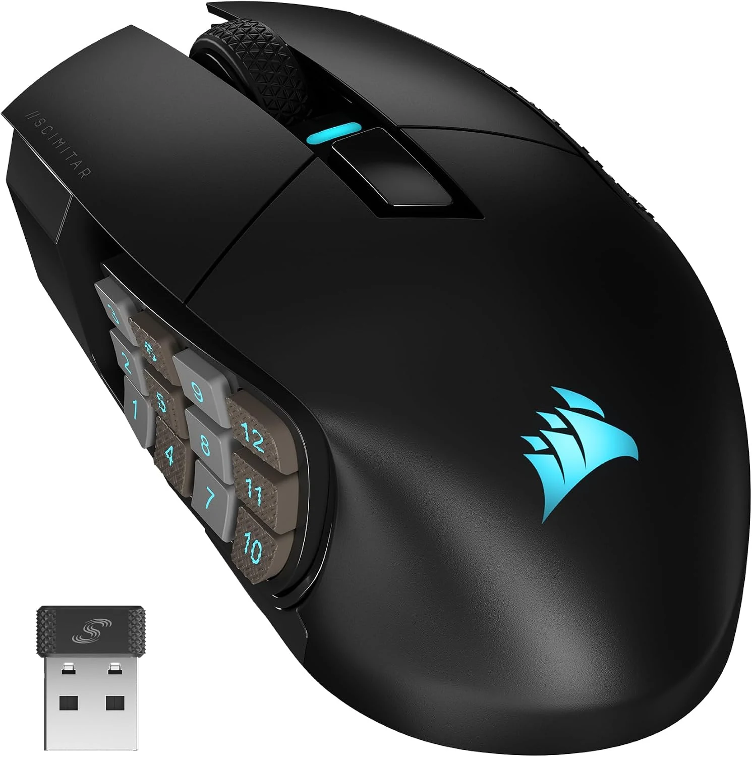 Black Corsair Scimitar Elite Wireless mouse and USB receiver, with its 12-button side panel visible.