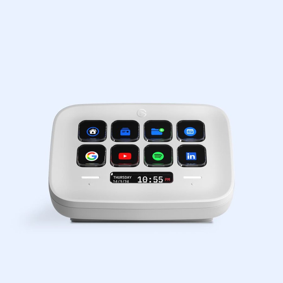 Elgato Stream Deck Neo in white with eight LCD keys and the Infobar