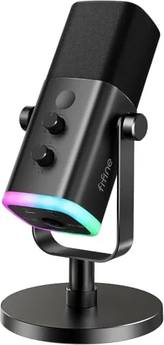 Black Fifine AM8 dynamic USB/XLR microphone on its included desktop stand
