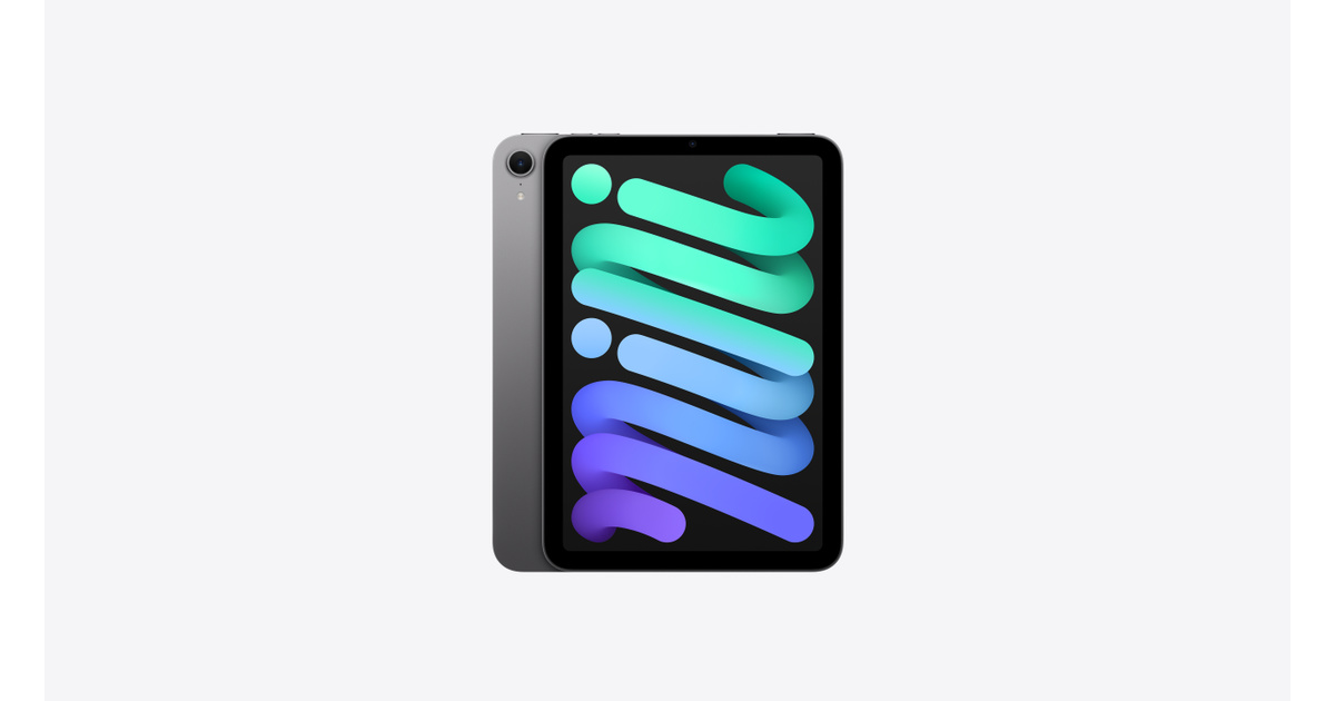 Space Gray Apple iPad mini with its screen showing a colorful abstract image