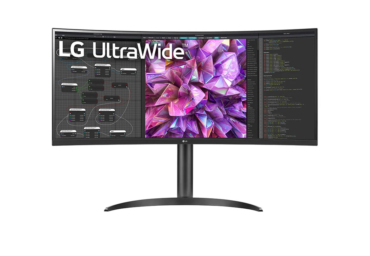 LG 34WQ73A-B curved 34-inch ultrawide monitor on its stand