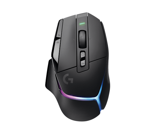 Black Logitech G502 X Plus wireless mouse viewed from above with RGB lighting.