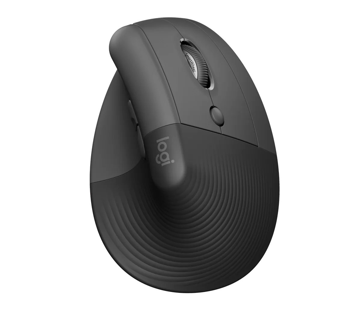 Graphite Logitech Lift vertical mouse with curved thumb rest and scroll wheel