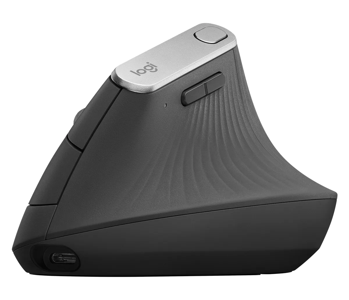 Graphite Logitech MX Vertical mouse with silver top plate and 57-degree profile
