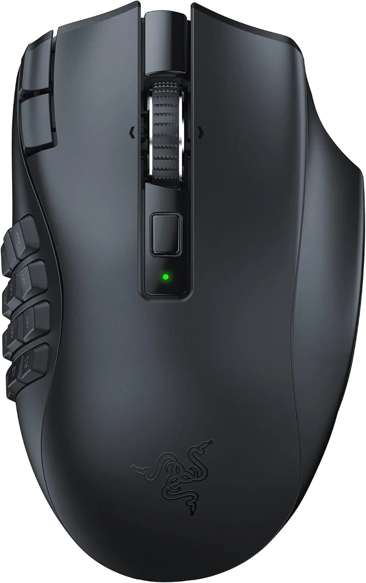 Black Razer Naga V2 HyperSpeed mouse shown from above with side controls visible.