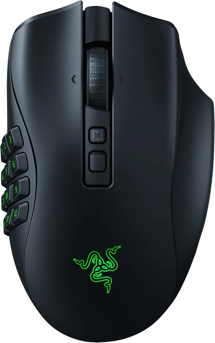 Razer Naga V2 Pro gaming mouse shown from above and the left side.