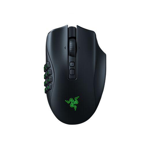 Razer Naga V2 Pro gaming mouse shown from above and the left side.
