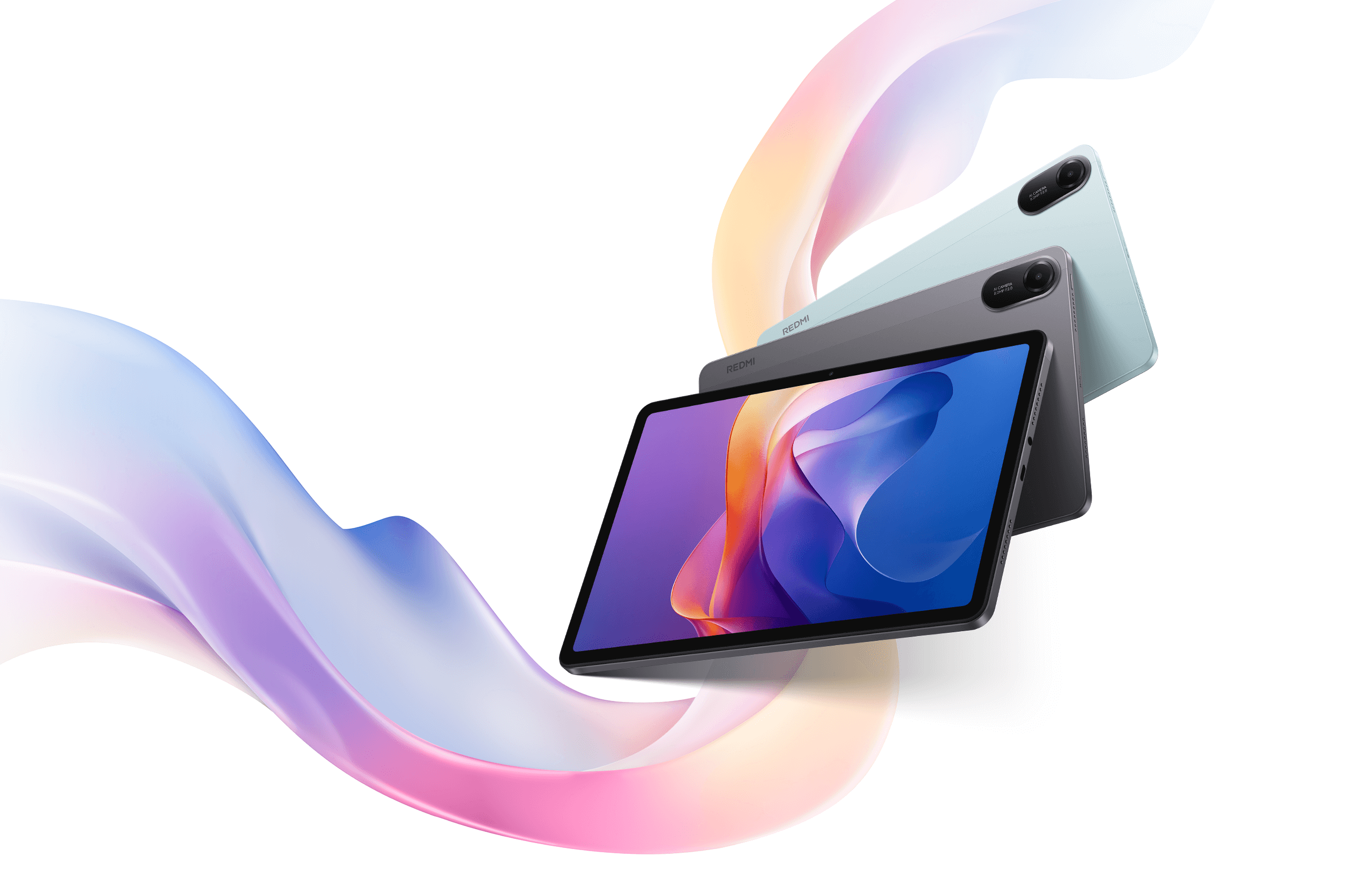 Xiaomi Redmi Pad 2 series tablet shown from the front and rear in graphite gray and mint green