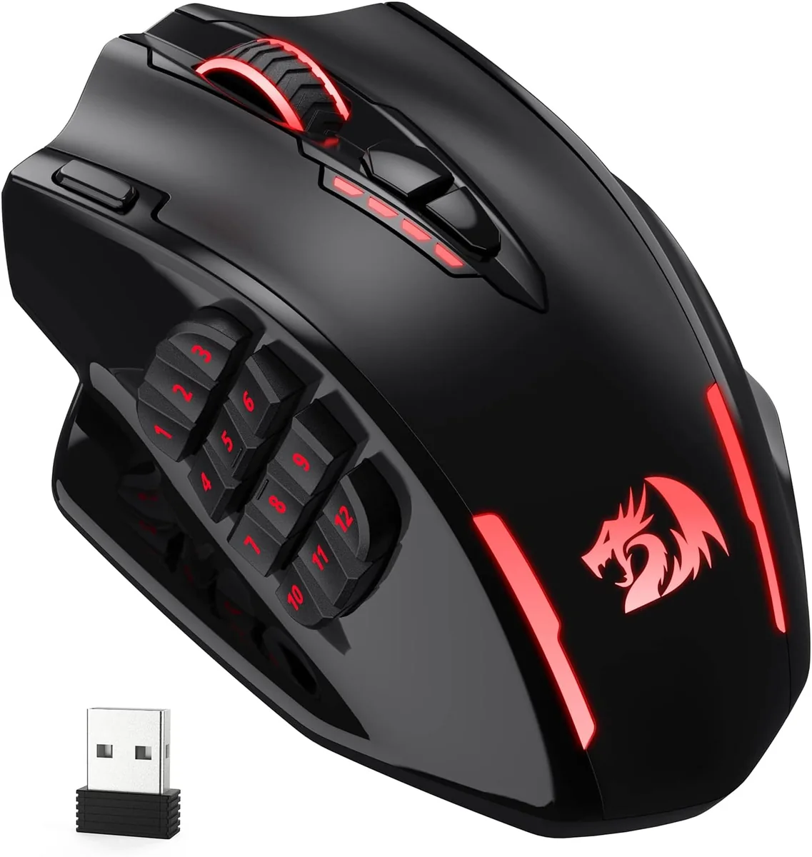 Black and red Redragon M913 Impact Elite mouse with its twelve-button thumb grid visible.