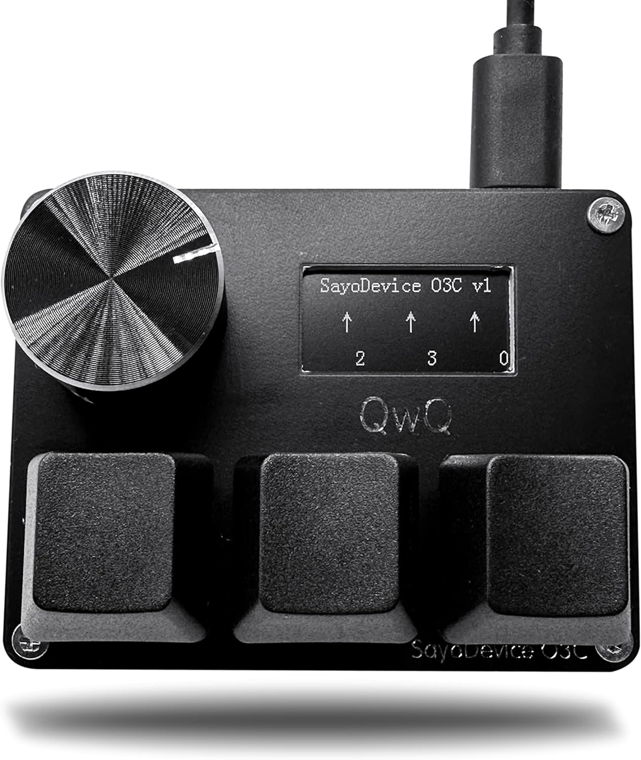 Black SayoDevice O3C three-key keypad with rotary knob and display