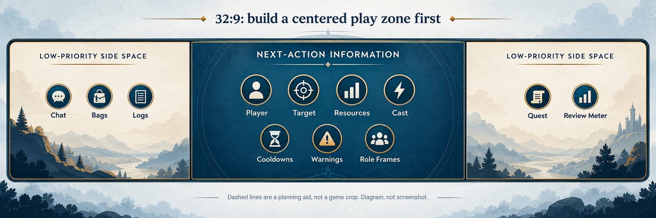 Diagram of a 32:9 WoW screen with a centered play area and low-priority side panels.